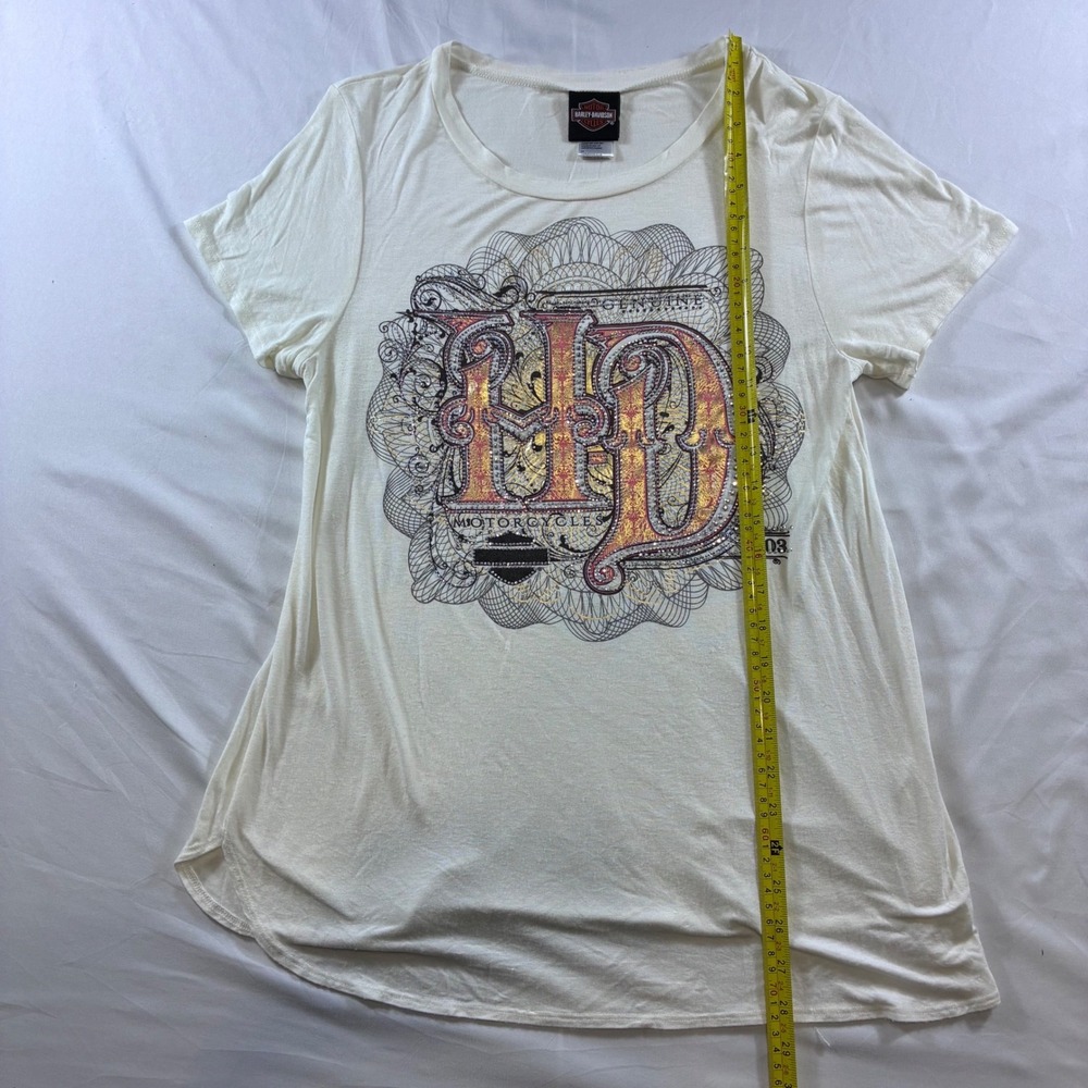 Harley-Davidson Womens Bedazzled Graphic T-Shirt Ivory Rayon M VTG - Picture 5 of 8